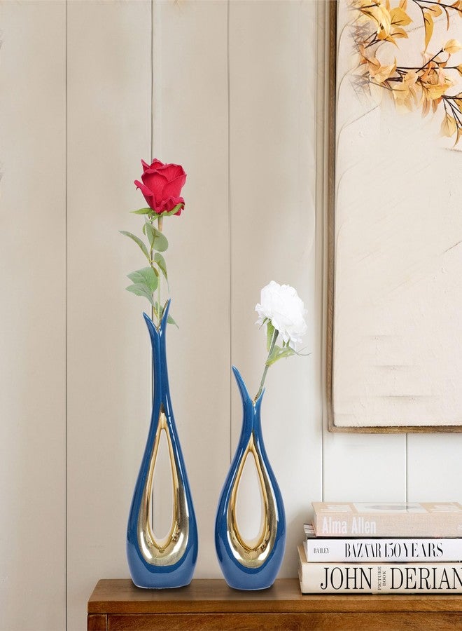 Dawbun Blue and Gold Vase for Home Decor Navy Blue Hollow Ceramic Vases Set of 2 Nordic Minimalist Decorative Vase for Table Centerpiece Modern Flower Vases for Wedding Dining Living Room Office Decoration - Image 2